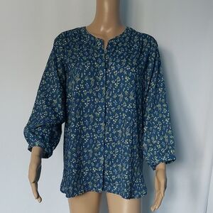 Jachs Girlfriend Blouse Button Front‎ Blue Floral 3/4 Sleeve Women’s M